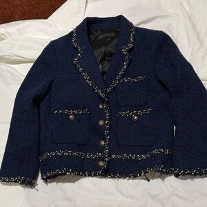 Zara women’s tweed blazer jacket blue L large